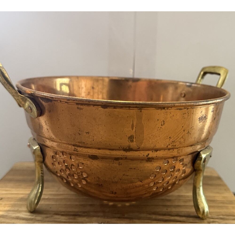 Vintage Copper Berry Colander Made in Korea, Brass Handles and Claw Feet 6”